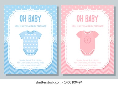 Baby Shower invite card. Vector. Baby boy and girl blue pink design. Welcome template invitation banner. Birth party background. Happy greeting holiday poster with onesie. Flat illustration.
