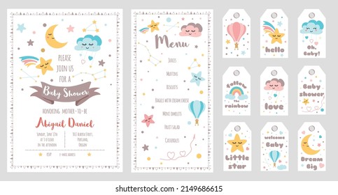 Baby Shower invite cards set. Nursery templates banner collection. Baby shower tags card set. Star smiling cloud dreaming moon rainbow elements for baby banner Cute thank you tags. Vector illustration