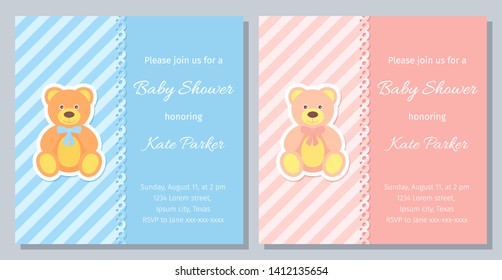 Baby Shower invite. Vector. Baby boy, girl card. Birth party background. Welcome template invitation banner. Cute blue, pink design. Happy greeting holiday poster with teddy bear. Flat illustration.