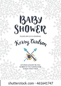 Baby shower invite, vector template. Boho floral card with flowers, arrows, feathers, branches, hand drawn text and gold decorative elements