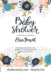 Baby shower invite, vector template. Boho floral card with flowers, arrows, feathers, branches, hand drawn text and gold decorative elements