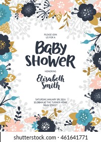 Baby shower invite, vector template. Boho floral card with flowers,  feathers, branches, hand drawn text and gold decorative elements