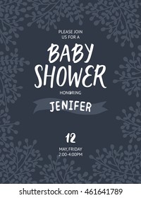 Baby shower invite, vector template. Boho floral card with branches and hand drawn text