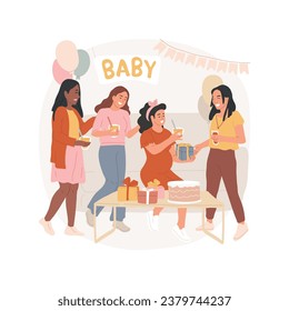 Ilustración de vector de dibujos animados aislados con ducha de bebé. Felices familias y amigos celebran la llegada de un bebé, una mujer embarazada sonriente con regalos, puesto de dulces, se convierten en una caricatura vectorial de la fiesta de la madre.