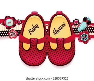 Baby Shower isolated vector illustration. Baby girl red polka dot shoes and ribbons, buttons and hair clips. 