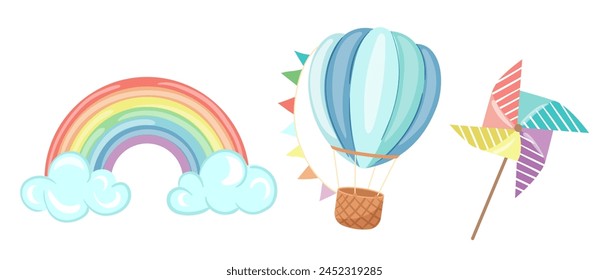 Baby shower items set with air hot balloon, colorful rainbow, blower toy isolated on white