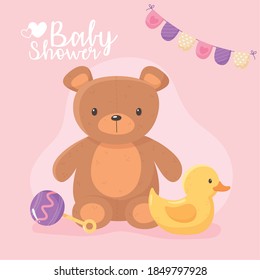 ducha de bebé, niños juguete de peluche de oso pato y rattle ilustración vectorial