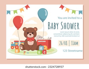 Baby shower landing page concept. Bear with dice with letters and train. Toys for boys and girls, toddlers. Poster or banner. Cartoon flat vector illustration isolated on pink background
