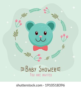 baby shower lettering card with little bear vector illustration design