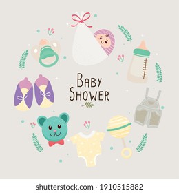 baby shower lettering card with set icons around vector illustration design