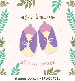 baby shower lettering card with shoes vector illustration design