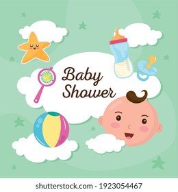 baby shower lettering in cloud with set icons vector illustration design