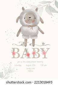 Its a Baby. Baby Shower lettering invitation template with watercolor plush toy and green leaf