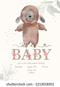 Its a Baby. Baby Shower lettering invitation template with watercolor plush toy and green leaf