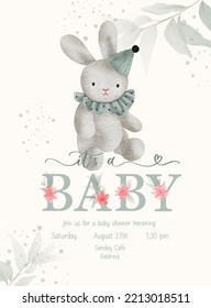 Its a Baby. Baby Shower lettering invitation template with watercolor plush toy and green leaf