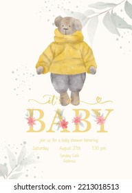 Its a Baby. Baby Shower lettering invitation template with watercolor plush toy and green leaf