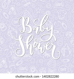 Baby shower lettering. Seamless pattern background, texture. Fabric design and decor. Cartoon toys. Newborn baby set