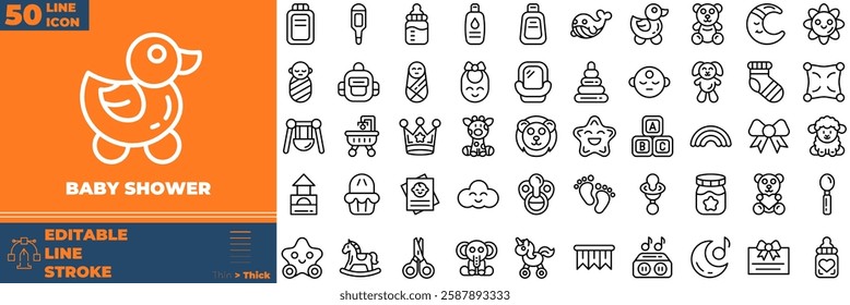 Baby Shower Line Editable Icons set. Vector illustration in modern thin line style of baby shower icons: baby, toy, bottle, etc