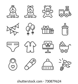 Baby shower line icon set. Included the icons as baby, child, balloon, gift, decoration, toys and more.