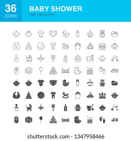 Baby Shower Line Web Glyph Icons. Vector Illustration of Children Toys Outline and Solid Symbols. 
