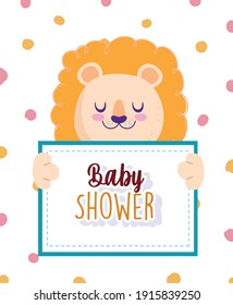 Baby shower lion animal holding banner and dots background vector illustration