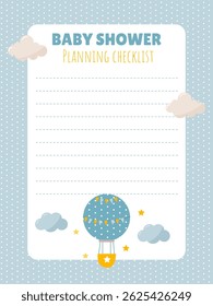 Baby shower list template with cute air hot balloon
