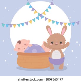 baby shower, little boy in basket and bunny with diaper, celebration welcome newborn vector illustration