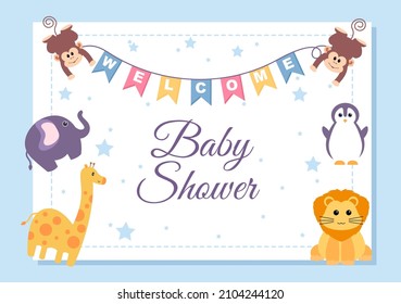 Baby Shower Little Boy or Girl with Cute Design Stork, Cloud Background Illustration for Invitation and Greeting Card