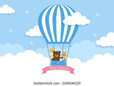 Baby Shower Little Boy o Girl with Cute Design Stork, Cloud Background Illustration para Invitación y Tarjeta de saludo