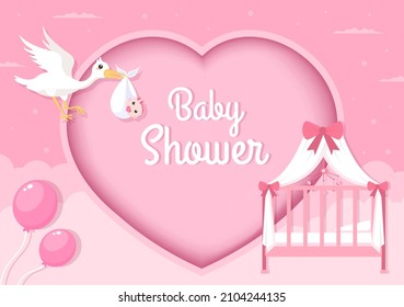 Baby Shower Little Boy or Girl with Cute Design Stork, Cloud Background Illustration for Invitation and Greeting Card