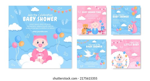 Baby Shower Little Boy or Girl Social Media Post Template Flat Cartoon Background Vector Illustration