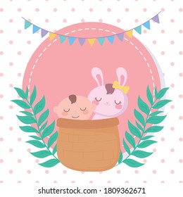 baby shower, little boy and rabbit in basket, celebration welcome newborn vector illustration