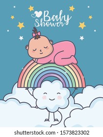 baby shower little girl sleeping in rainbow clouds cartoon vector illustration