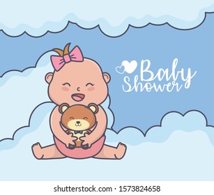 baby shower little girl with teddy bear clouds vector illustration baby shower little girl with teddy bear clouds vector illustration