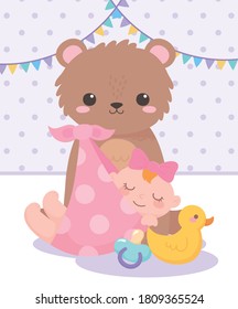 baby shower, little girl teddy bear duck and pacifier, celebration welcome newborn vector illustration