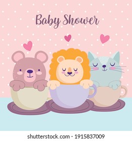 Baby shower little lion bear and cat on cup lovely invitation card vector illustration