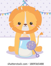 baby shower, little lion sitting with rattle and bottle milk, celebration welcome newborn vector illustration