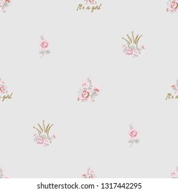 Baby shower little princess seamless pattern. Crowns and flowers on newborn girl greeting background. Hand drawn vector sketch. Gold and pink vintage watercolor illustration on white background.