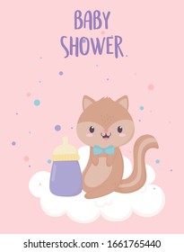 baby shower little squirrel milk bottle card cartoon decoration vector illustration