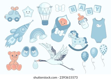 Mega con ducha para bebés y diseño plano. Elementos combinados de juguetes infantiles, estrellas, globo de aire caliente, cubos, cohete, arco iris, niño recién nacido, otros símbolos azules. Ilustración vectorial de objetos gráficos aislados