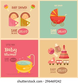 Baby Shower Mini Posters Set. It's a Boy! It's a Girl! Vector Illustration. 