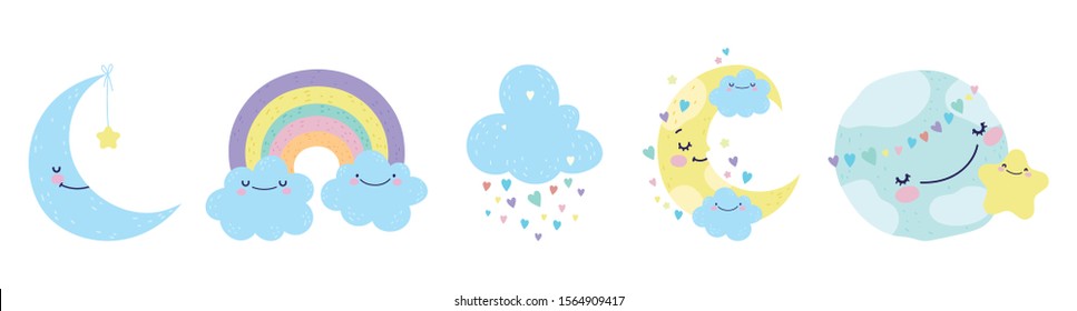 baby shower moon world cloud rainbow star decoration icons vector illustration