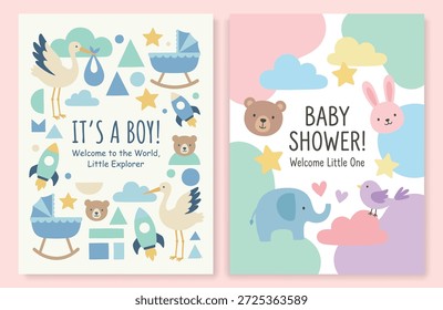 Ducha de bebé y Nueva llegada de bebé Vector conjunto de póster