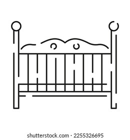 Baby shower and newborn baby icon in linear style. Included the icons as baby, child, balloon, gift, decoration, toys and party line icon. Baby bed