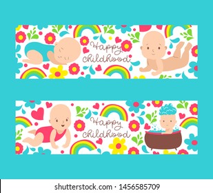 Baby shower for newborn vector illustration. Happy birthday, celebration greeting and invitation card. Baby shower with newborn girl or boy sleeping, taking bath, rainbows and flowers.