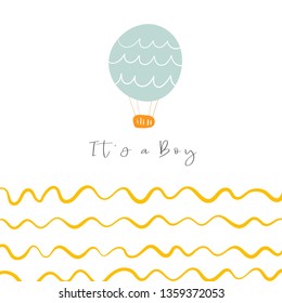 Baby shower, nursery card, postcard, tag, cover with hot air blue balloon, waves. Funny doodle objects for new born infant. It's a boy illustration