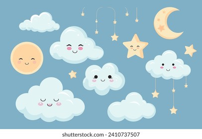 Baby shower object for boy with balloon, cloud,sky, blue,star