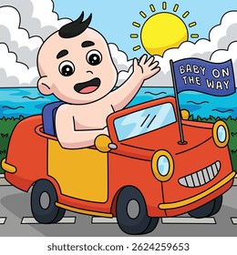 Baby Shower Baby on Car Colored Cartoon 