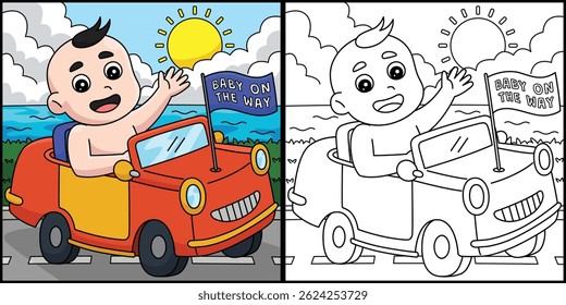 Baby Shower Baby on Car Coloring Illustration 