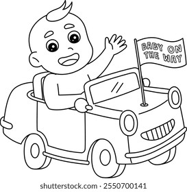 Baby Shower Baby on Car Isolated Coloring Page